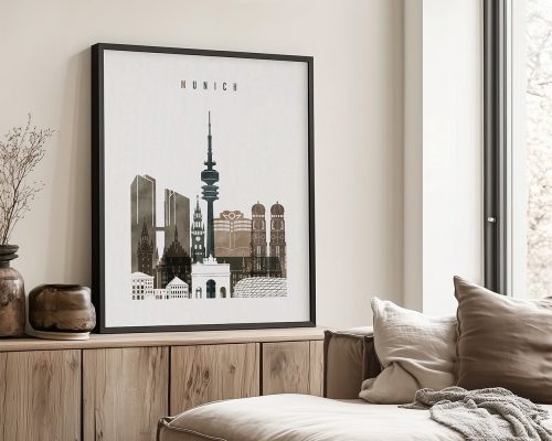 Art print featuring a stylized skyline of Munich with notable buildings and structures.