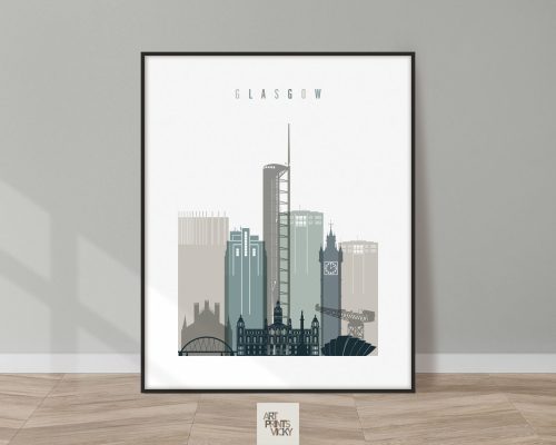 Framed print of Glasgow's skyline featuring various buildings and structures in muted colors.
