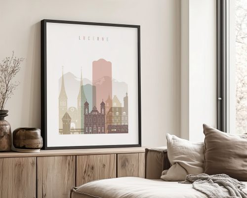 Framed illustration of Lucerne's cityscape featuring buildings and mountains in soft colors.