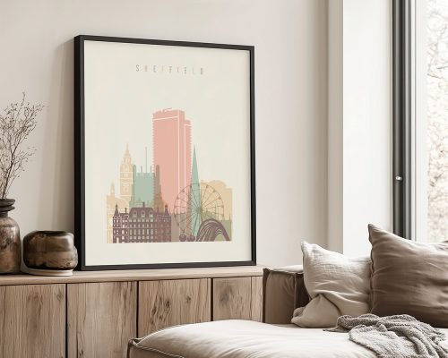 Art print of Sheffield cityscape featuring notable buildings and structures in pastel colors.