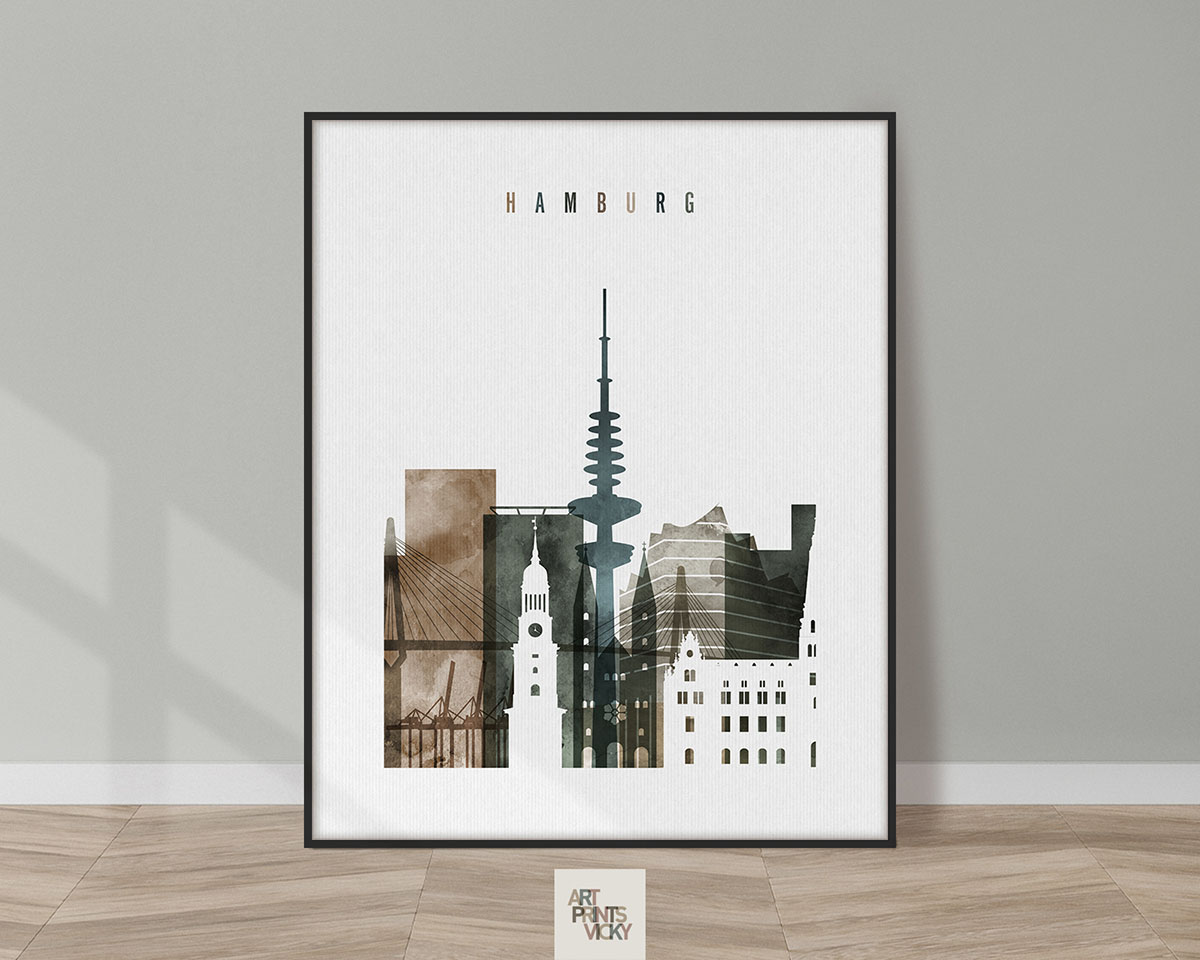 Artistic representation of Hamburg's skyline featuring notable buildings and structures.