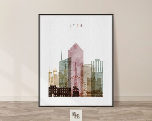 Art print featuring a stylized cityscape of Lyon with various buildings and landmarks.