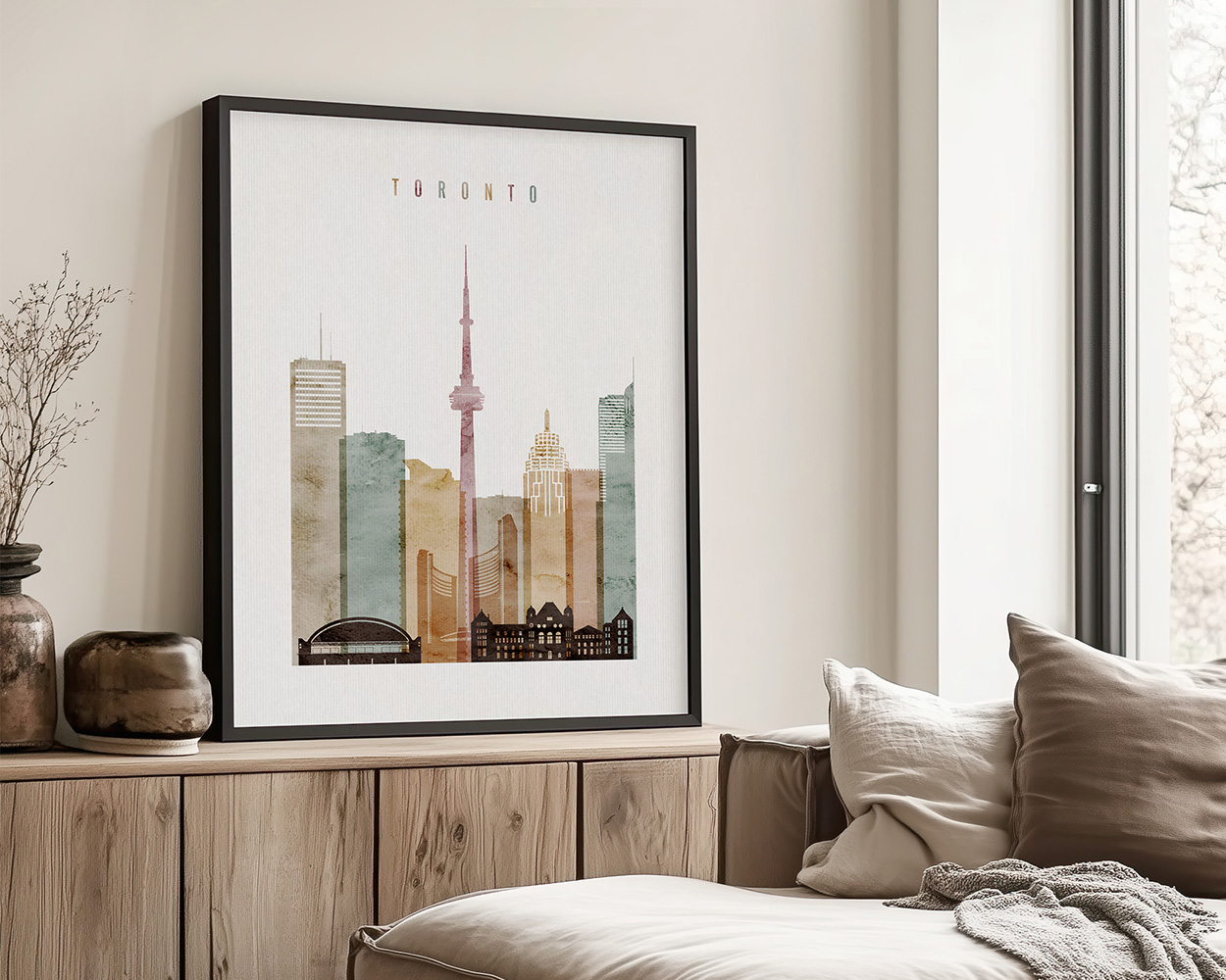 Art print of the Toronto skyline featuring the CN Tower and various buildings in muted colors.