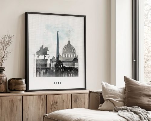 Framed artwork depicting historical landmarks of Rome, including a statue and architectural elements.