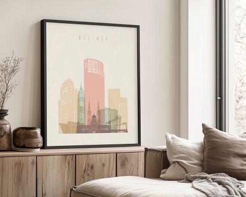 Framed artwork depicting a stylized cityscape of Belfast with notable buildings and landmarks.