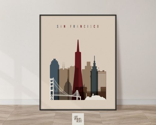 Graphic illustration of San Francisco skyline featuring iconic buildings and the Golden Gate Bridge.