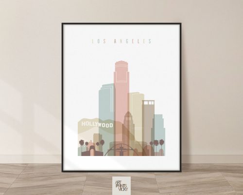 Stylized illustration of Los Angeles skyline with Hollywood sign in the foreground.
