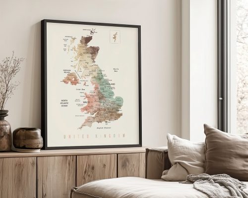 Map of the United Kingdom showing regions and major cities in a framed print.