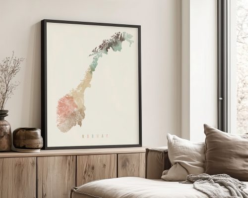 Art print of Norway's map with colorful abstract design and the word 'NORWAY' at the bottom.