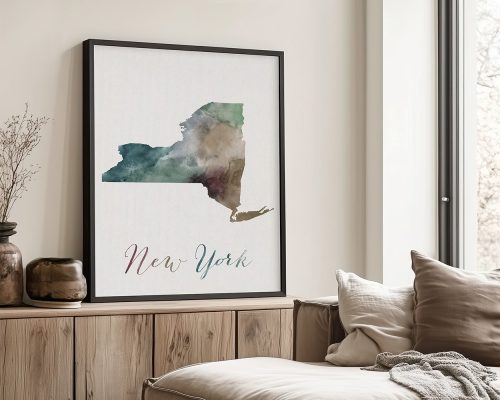 Watercolor illustration of New York State framed and displayed on a wall.