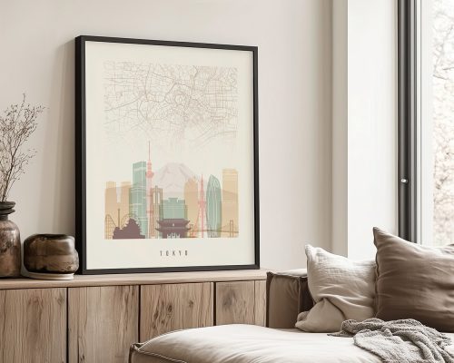 Framed artwork featuring a map of Tokyo with a skyline illustration and Mount Fuji in the background.