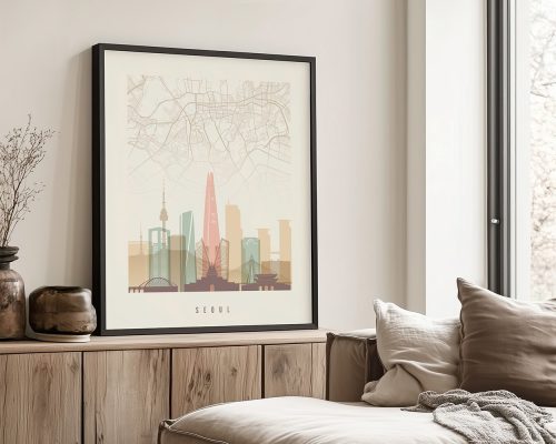 Artistic representation of Seoul city skyline with a map background in soft colors.