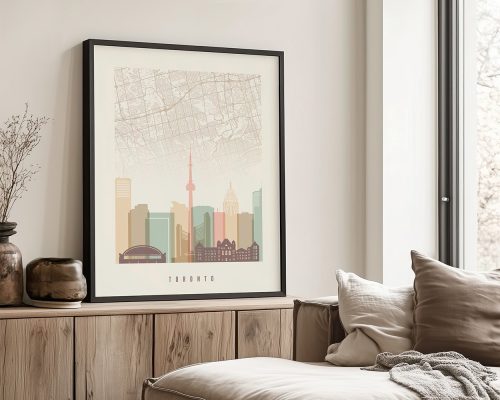 Art print of a map of Toronto with a stylized skyline illustration and the word 'Toronto' at the bottom.