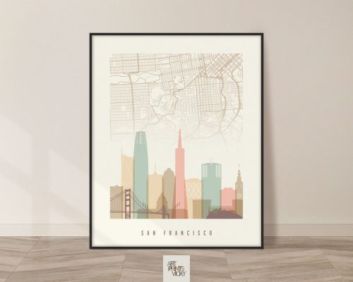 Art print featuring a map of San Francisco with a stylized skyline illustration in soft colors.