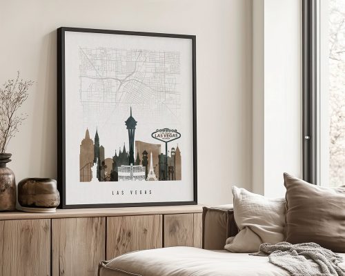 Art print featuring a stylized map of Las Vegas with iconic landmarks and buildings.