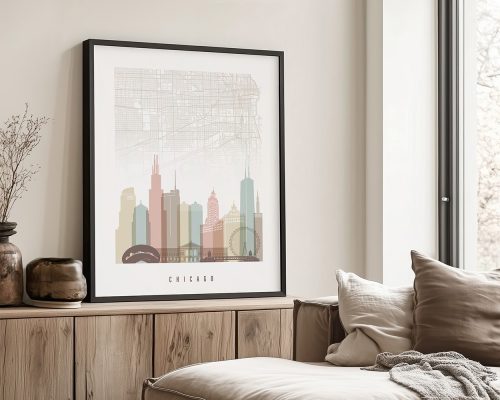 Art print of Chicago skyline featuring buildings and a map overlay in muted colors.