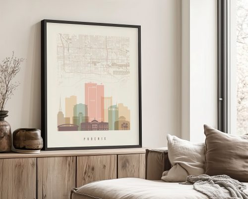 Art print of a stylized map of Phoenix with buildings and landmarks in soft colors.