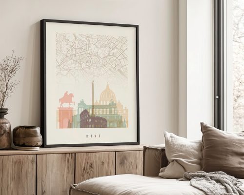 Framed artwork featuring a map and landmarks of Rome, including historical buildings and a statue.