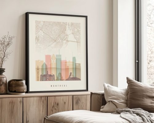 Framed print of Montreal cityscape with a map background displayed on a wooden shelf.