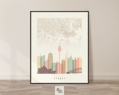 Art print featuring a stylized map and skyline of Sydney, Australia, with notable landmarks.