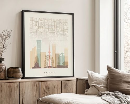 Artistic representation of a map of Beijing with notable buildings and landmarks.