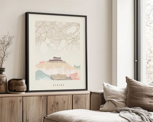 Framed map print of Athens featuring key landmarks and a stylized design.