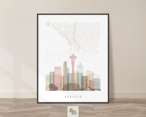 Art print of a stylized Seattle cityscape featuring the Space Needle and various buildings.