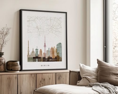 Art print of Berlin skyline with a map outline and notable buildings in soft colors.