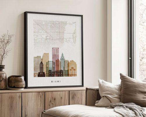 Art print featuring a stylized map of Miami with a skyline illustration in muted colors.