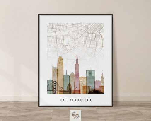 Art print featuring a stylized map of San Francisco with a silhouette of the skyline.