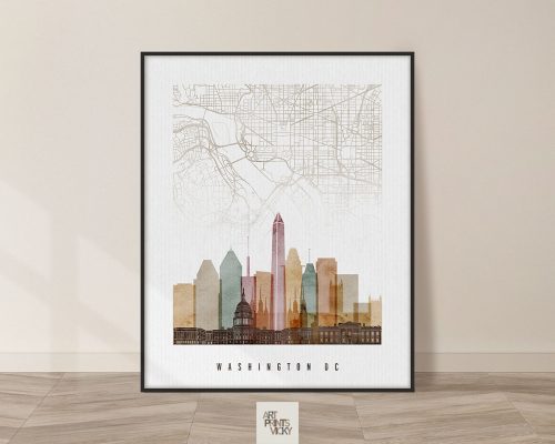 Art print of a cityscape featuring Washington DC with a map overlay in the background.