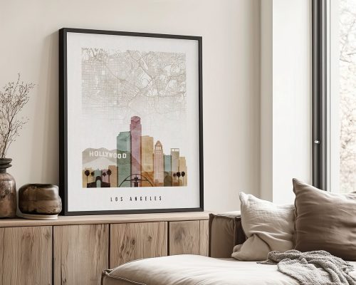 Art print featuring a stylized map of Los Angeles with a Hollywood sign and city skyline.