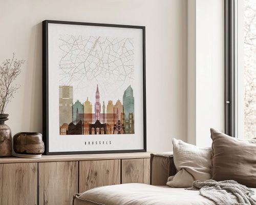 Art print of a city map of Brussels with colorful buildings and outlines in a framed display.