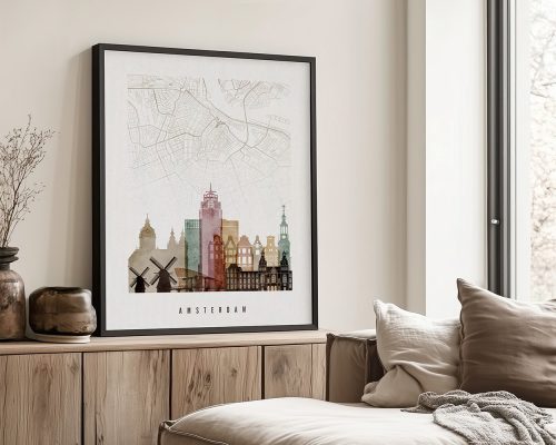 Art print featuring a stylized cityscape of Amsterdam with notable buildings and a map background.