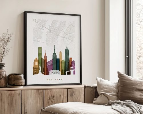 Art print of the New York City skyline with a map background in muted colors.