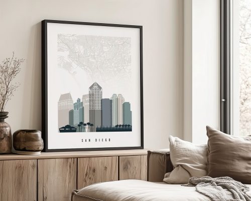 Framed art print of a map and skyline of San Diego displayed in a living room setting.