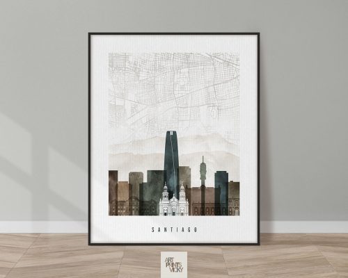 Art print of Santiago featuring a stylized cityscape and map background.