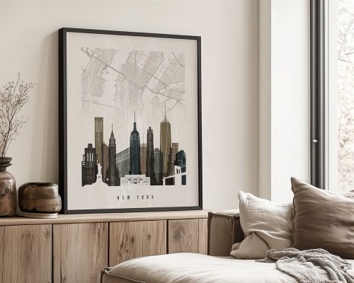 Art print featuring a stylized depiction of the New York City skyline with a map background.