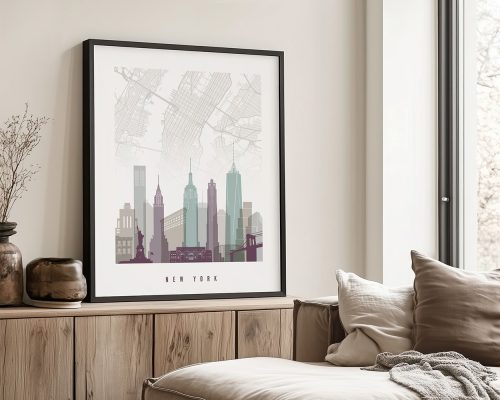 Art print featuring a stylized skyline of New York City with a map background.
