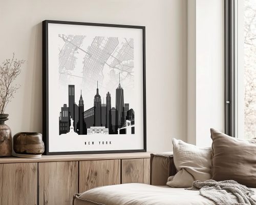 Black and white illustration of New York City skyline with a map background in a framed print.