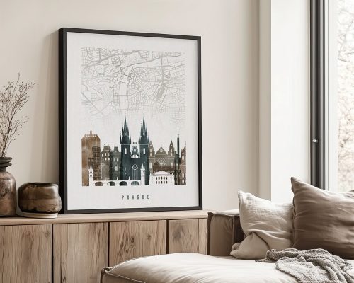 Framed artwork depicting a map and skyline of Prague with notable buildings and structures.