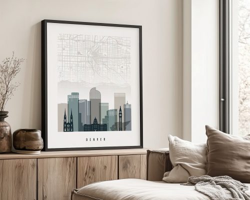 Framed art print of Denver city skyline with a map overlay and muted colors.