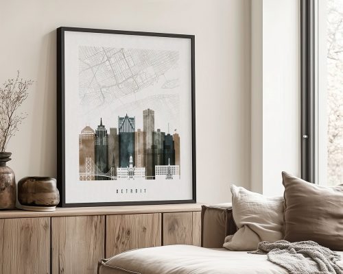Framed artwork of Detroit's skyline with a map overlay in neutral tones.