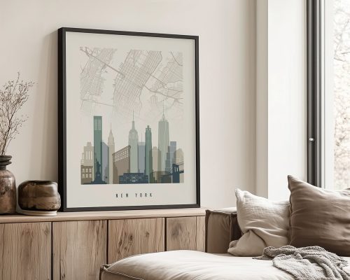 Art print of New York City skyline with a map background in muted colors.