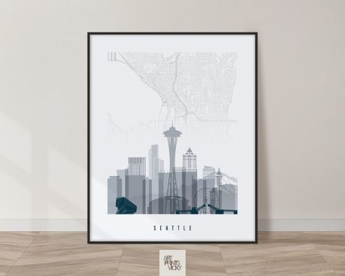 Framed art print of Seattle's skyline featuring the Space Needle and other buildings.