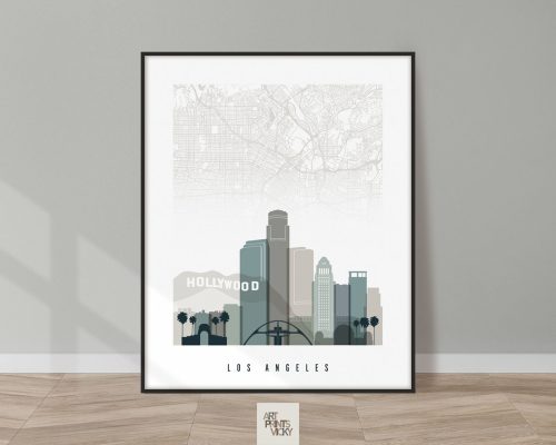 Framed print of Los Angeles cityscape with Hollywood sign and skyline in muted colors.