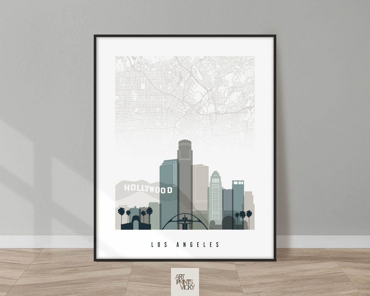 Framed print of Los Angeles cityscape with Hollywood sign and skyline in muted colors.