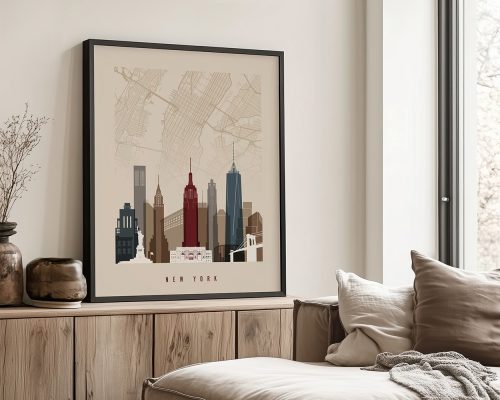 Art print featuring a stylized skyline of New York City with a map background.