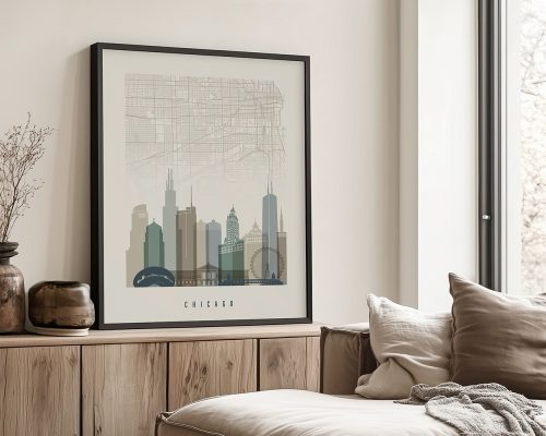 Framed map art print of Chicago with skyline and key landmarks in muted colors.