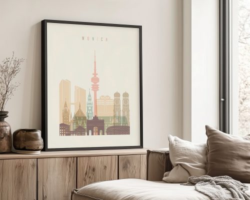Art print of Munich city skyline featuring notable buildings and structures in a minimalist design.